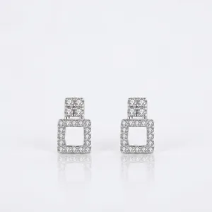 925 Sterling Silver Square Hollow Stud Earrings For Women Modern Geometric Rhinestone Inlaid Fashion Jewelry Accessories Gift