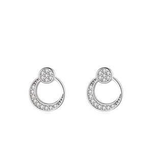 925 Sterling Silver Moon Rhinestone Stud Earrings For Women Minimalist Geometric Geometric Double Circle Sparkly Inlaid Fashion Ear Jewelry