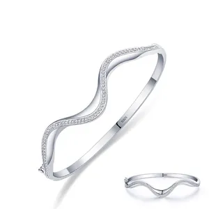 S925 Sterling Silver Wave Cuff Bracelet For Women Minimalist Micro Inlaid Rhinestone Open Bangle Fashion Jewelry Elegant Gift