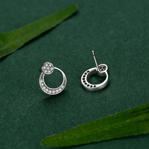 Elegant S925 sterling silver moon-shaped stud earrings with sparkling zircon on green leaves