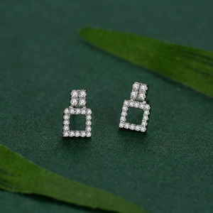 S925 silver geometric hollow square stud earrings with shimmering zircon pave setting