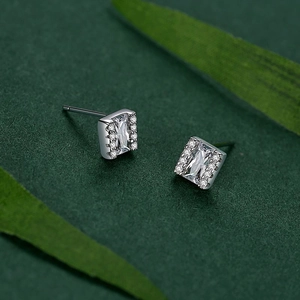 Minimalist S925 sterling silver square stud earrings with micro-pave crystals