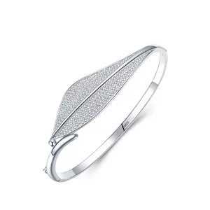 925 Sterling Silver Leaf Open Cuff Bangle For Women Luxurious Pave Rhinestone Elegant Bracelet Fashion Jewelry Gift