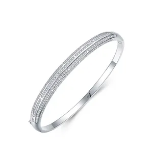 Bracciale Rigido in Argento Sterling S925 con Strass per Donna Semplice Moda Elegante Apertura a Cerniera Gioielli a Mano