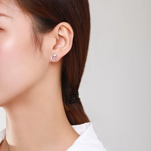 Elegant s925 sterling silver geometric double circle moon stud earrings with zircon