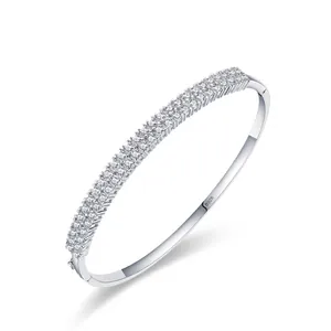 Bracelet Jonc en Argent Sterling 925 pour Femme Minimaliste Double Rangée de Strass Incrusté Mode Bracelet Ouvert Élégant Bijoux Cadeau