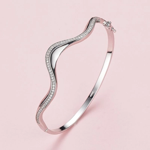 Elegant wavy S925 sterling silver open bangle with micro-pave white zircon inlay