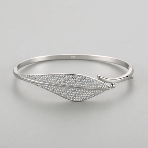 Luxurious S925 sterling silver open bangle featuring a sparkling leaf motif with pavé stones