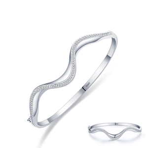 Elegant S925 sterling silver wavy bangle with micro-pave white zircon stones for women