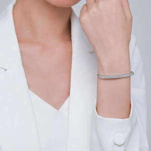Bracelet jonc élégant en argent sterling S925 avec double rangée de cristaux brillants