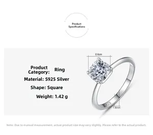 Macro shot of 1ct square diamond ring in S925 silver with detailed product dimensions