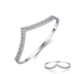S925 Sterling Silver Chevron Crown Open Bangle For Women Luxurious Rhinestone Inlaid Wishbone Cuff Bracelet Fashion Jewelry