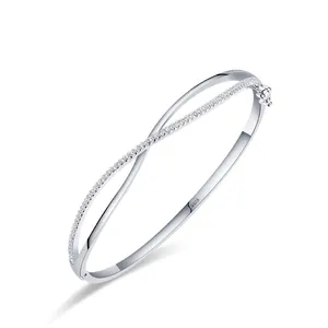 925 Sterling Silver Criss Cross Open Bangle For Women Light Luxury Geometric Zirconia Inlaid Polished Bracelet Fashion Jewelry