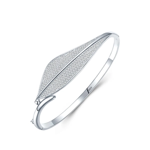 Luxurious S925 sterling silver leaf bangle with sparkling zircon pavé on a white background