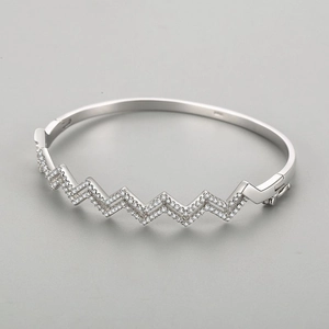 S925 sterling silver wavy open bangle for women with sparkling double-row zircon setting