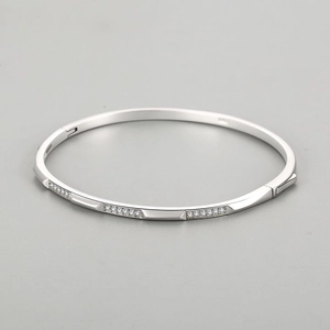 Polished S925 sterling silver open bangle with micro-pave cubic zirconia accents