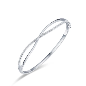 Elegant S925 sterling silver crossover bangle with shimmering white cubic zirconia stones