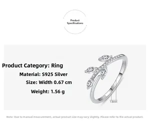 Macro detail of S925 silver leaf ring showing 0.67cm width and 1.6mm band specifications