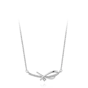 925 Sterling Silver Bowknot Pendant Necklace For Women Micro Pave Zirconia Minimalist Dainty Clavicle Chain Jewelry Accessory