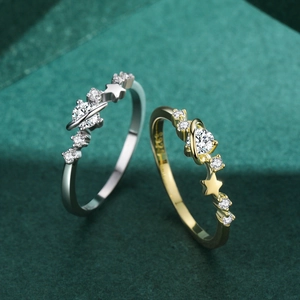 S925 sterling silver planet and star open rings with sparkling zircon inlay in gold and silver