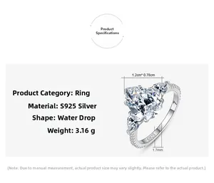 Macro shot of S925 sterling silver ring with water drop shape simulated diamond