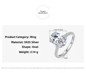 Détails de la bague en argent S925 avec pierre ovale de 3ct et poids total de 3,14g