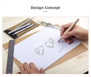 Detailed design sketch of a silver heart-shaped earring with intricate stone settings