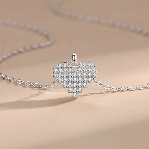 925 Sterling Silver pixel heart pendant necklace with shimmering white zircons for women