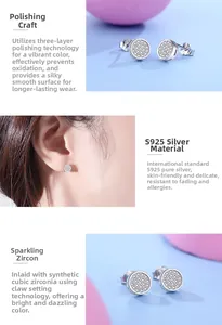 Macro detail of S925 sterling silver round stud earrings with micro-paved cubic zirconia