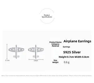 Detailed specs of S925 silver airplane stud earrings with cubic zirconia stones