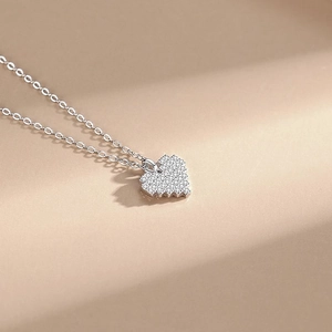 925 silver necklace with a pixel-style heart pendant encrusted with white sparkling zircons