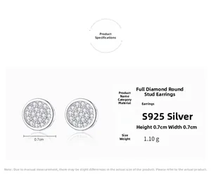 Detailed specifications of S925 silver round stud earrings with full diamond pave inlay