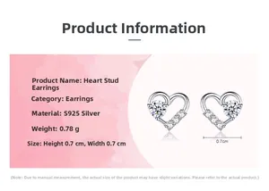 Detail view of S925 sterling silver heart earrings with dimensions 0.7cm x 0.7cm