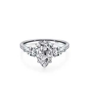 925 Sterling Silver Pear Cut Zirconia Ring Three Stone Water Drop Design Sparkly Bridal Engagement Wedding Ring For Women Jewelry