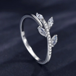 Elegant S925 silver ring featuring marquise-cut zircon leaves and micro-paved crystals