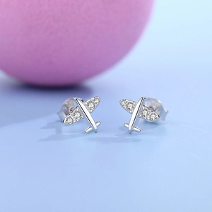 S925 sterling silver airplane stud earrings with sparkling zircon wing details