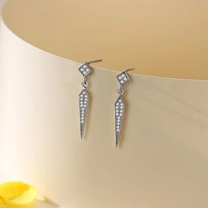 Elegant S925 silver geometric drop earrings featuring square studs and diamond cone pendants