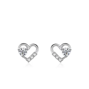 S925 Sterling Silver Heart Stud Earrings For Women Minimalist Dainty Heart Shaped Rhinestone Earrings Jewelry Gift