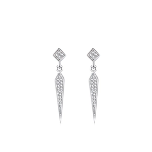 S925 sterling silver geometric drop earrings featuring a sparkling diamond pavé long cone design