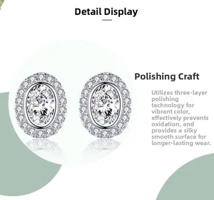 Detail view of oval cubic zirconia silver studs with three-layer anti-oxidation polish