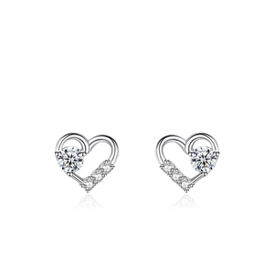 Elegant S925 sterling silver heart stud earrings with cubic zirconia stones on white background