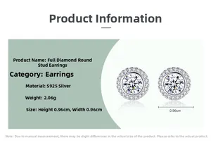 Detail view of S925 sterling silver halo stud earrings with dimensions 0.96cm x 0.96cm