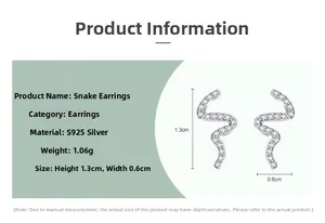 Detailed specs of S925 sterling silver snake earrings with zircons measuring 1.3cm by 0.6cm