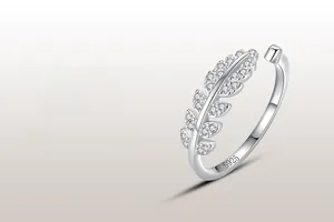 Detailed macro view of S925 sterling silver leaf ring with micro-pave cubic zirconia