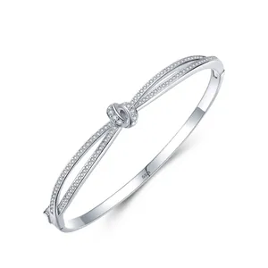 Bracelet Jonc en Argent Sterling 925 Nœud de Corde pour Femmes Strass Pavé Bracelet Manchette Élégant Bijoux de Mariage