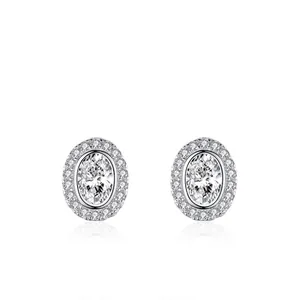 925 Sterling Silver Oval Halo Stud Earrings Sparkling Rhinestone Inlaid Geometric Elegant Wedding Jewelry For Women
