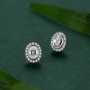 Elegant S925 sterling silver oval halo stud earrings with micro-pave simulated diamonds