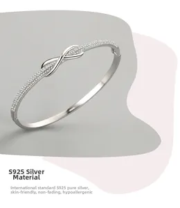 Detailed view of S925 sterling silver infinity bracelet with sparkling zircon accents