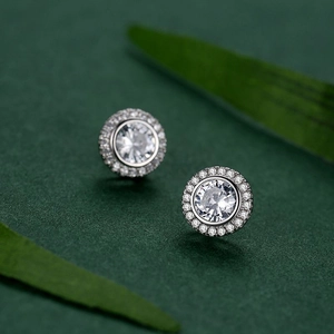 Classic S925 sterling silver halo stud earrings with round simulated diamond stones