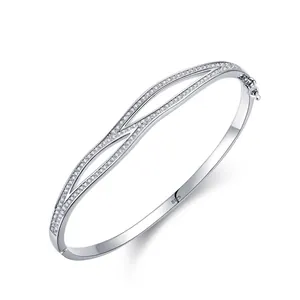 925 Sterling Silver Bracelet For Women Double Layer Crossed Wave Design Rhinestone Bangle Fashion Elegant Office Jewelry